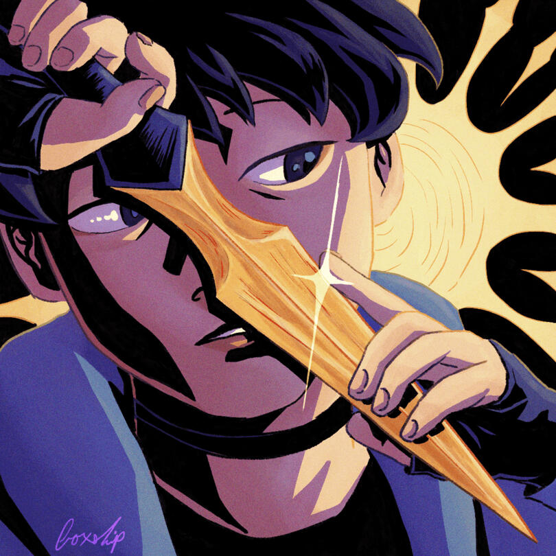 The thumbnail for the My Lonely Soldier webcomic. A teenager with short black hair holds a golden knife before their face, while the sun shines behind their head.